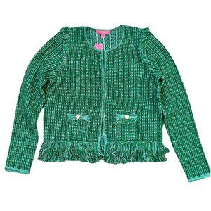 Lilly Pulitzer Simora Fringe Cardigan Evergreen Exotic Tweed Sweater Size Large